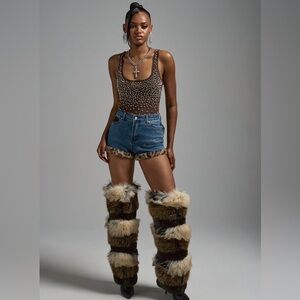 AKIRA Blue Denim Shorts with Leopard Faux-Fur Trim